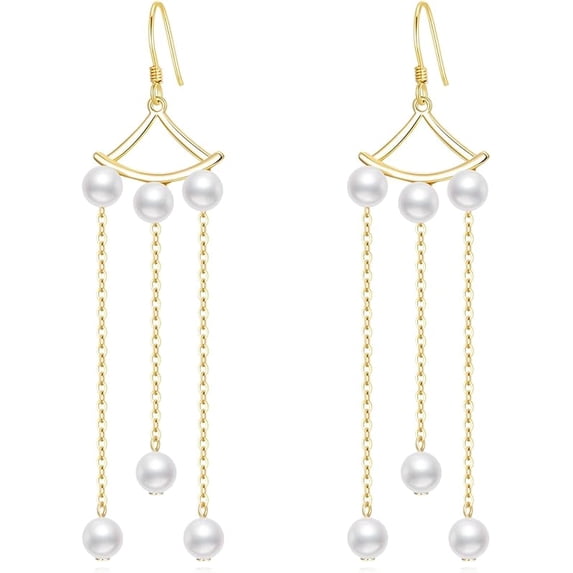 DVEATR Sterling Silver Pearls Dangle Earrings for Women Vintage 14K Gold Plated Pearl Drop Earrings Elegant Long Chain Tassel Jewelry Wedding Birthday Gifts