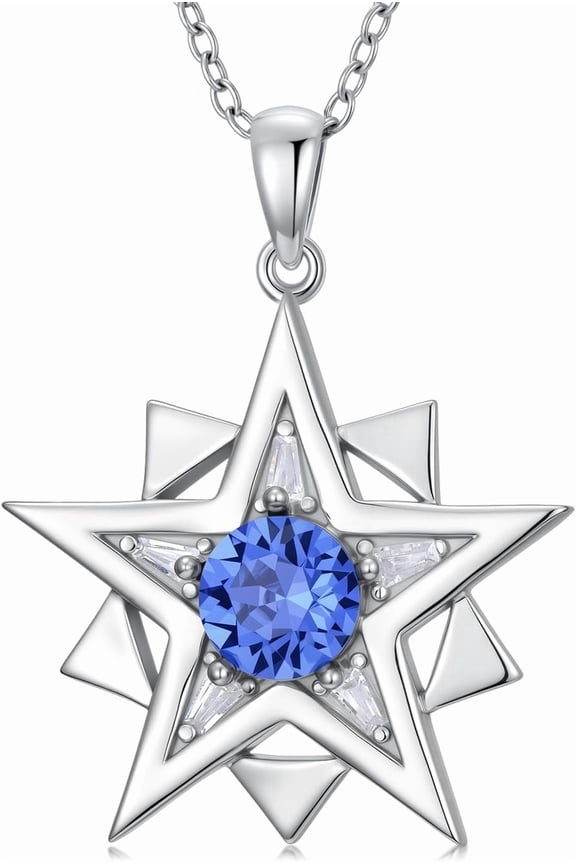 Sterling Silver Star Pendant Blue Crystal Necklace for Women, Pentagram Necklace, 22mm Blue Crystal Charm, Celestial Starburst Jewelry, Christmas Birthday Holiday Gifts With 18+2inches Chain