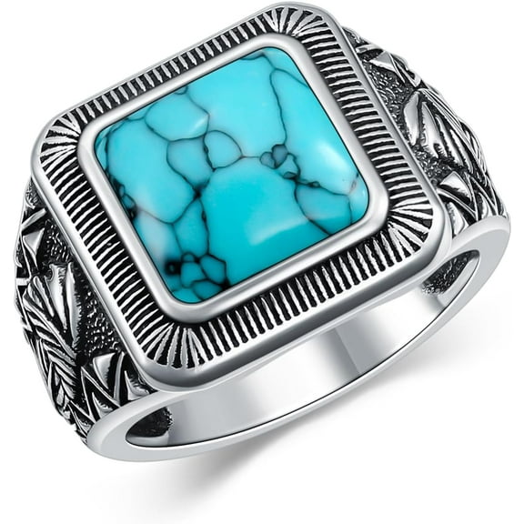 DVEATR Sterling Silver Turquoise Ring for Men Signet Biker Gothic Band Ring