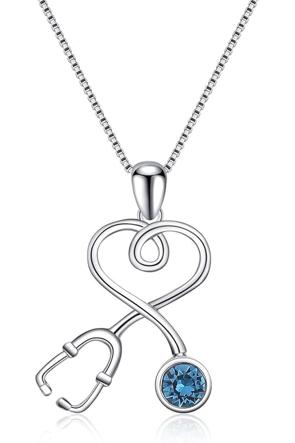 Stethoscope Necklace 925 Sterling Silver Embellished with 12 Months Birthstone Crystals from Austria, Graduation Gifts Medical Jewelry for Doctor Nurse Medical Student RN