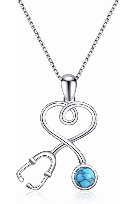 Stethoscope Necklace 925 Sterling Silver Embellished with 12 Months Birthstone Crystals from Austria, Graduation Gifts Medical Jewelry for Doctor Nurse Medical Student RN