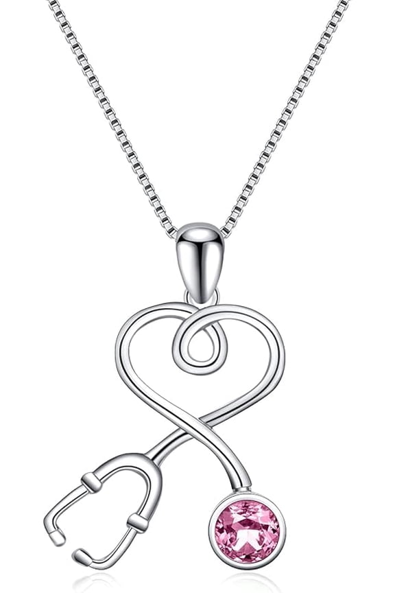 Stethoscope Necklace 925 Sterling Silver Embellished with 12 Months Birthstone Crystals from Austria, Graduation Gifts Medical Jewelry for Doctor Nurse Medical Student RN