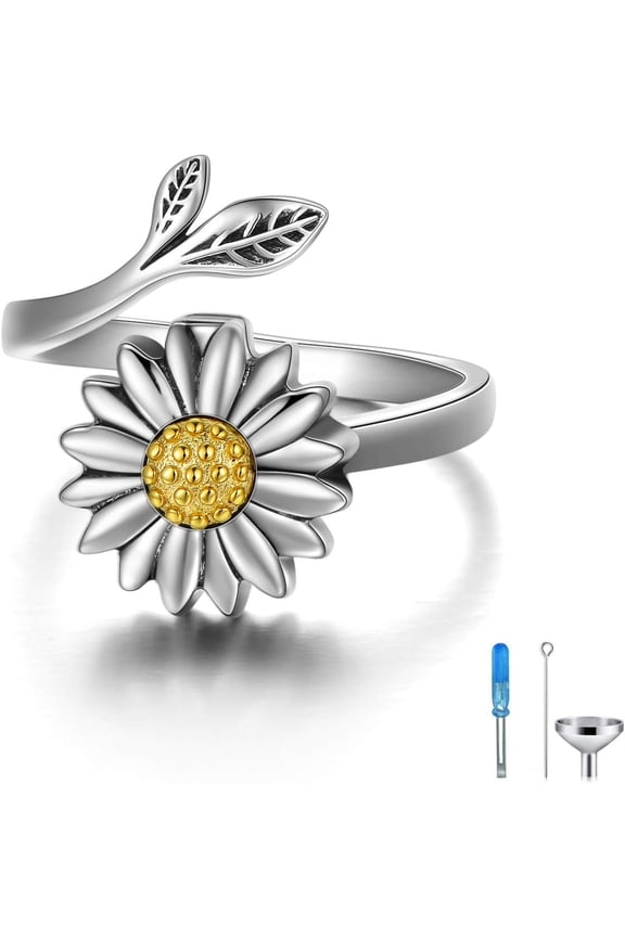 Sunflower Cremation Ring for Ashes 925 Sterling Silver Daisy Urn Ring Jewelry Keepsake Hair Memorial Locket for Women Mom