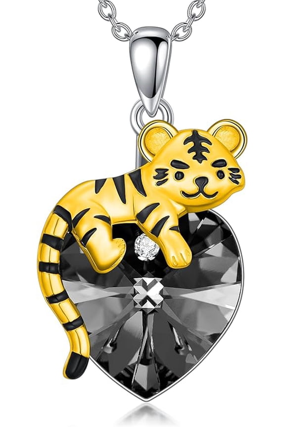 Tiger Necklace 925 Sterling Silver Cute Tiger Holding Heart Shaped Crystal Pendant Necklace for Women