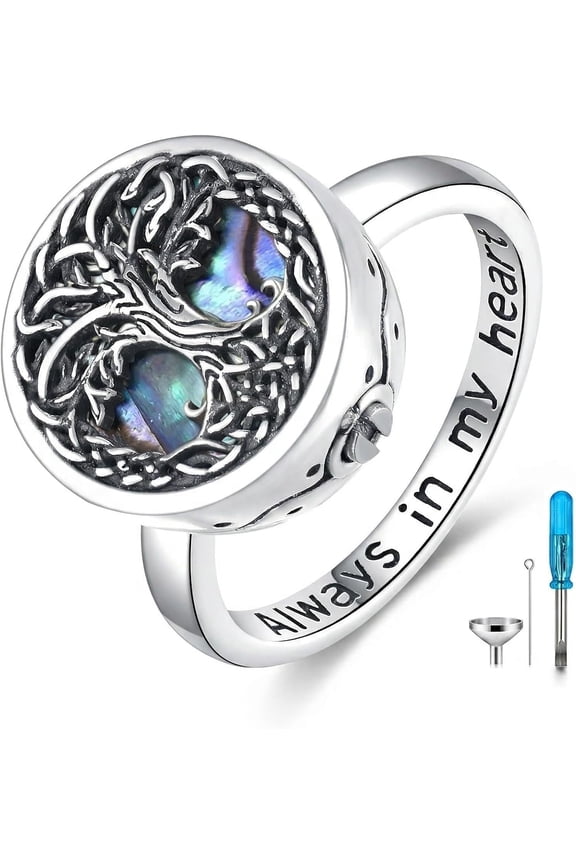 Tree of Life Urn Ring for Ashes 925 Sterling Silver Family Tree Memorial Rings with Moss Agate/Abalone Shell, Always in My Heart Cremation Keepsake Band Ring for Women Men