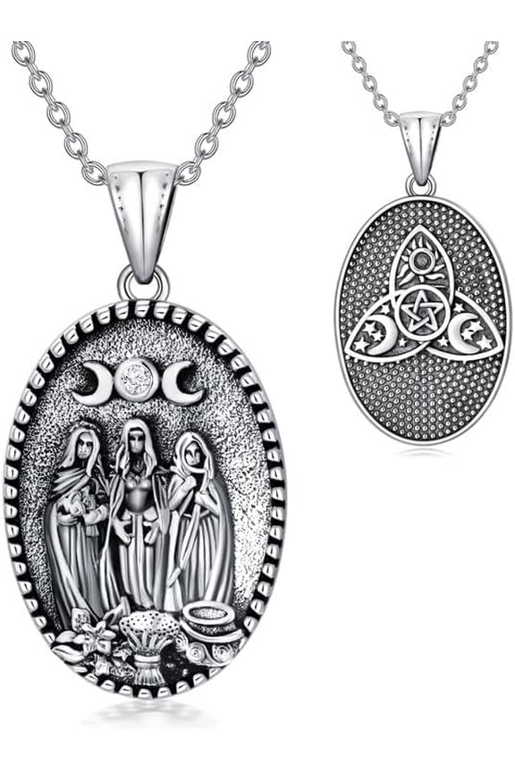 Triple Moon Goddess Necklace Sterling Silver hypoallergenic Pagan Wiccan Magic Amulet Pendant pentacle jewelry,Embellished with Crystals from Austria, Birthday Gifts Present for Women Men