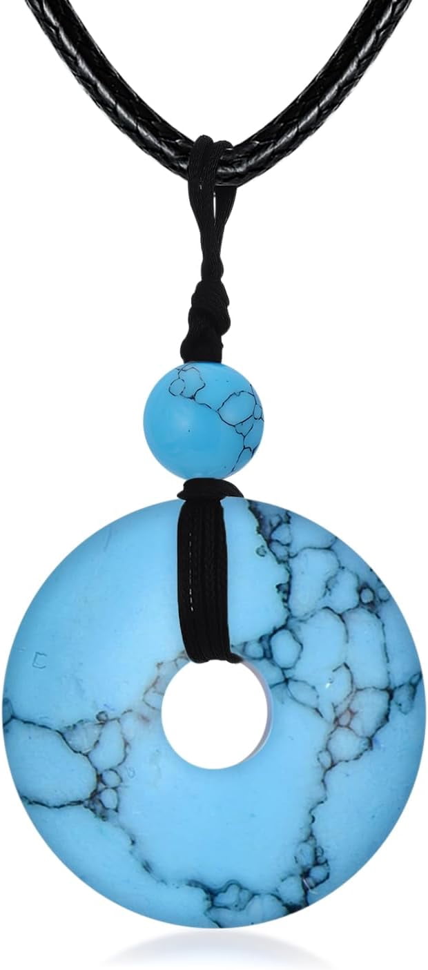 DVEATR Turquoise/Azurite/Tiger's Eye/Malachite/Moonstone Necklace for Women, Bare Stone Pendant Necklace Jewelry Gift, with 45.72 + 5.08cm Leather Cord Chain