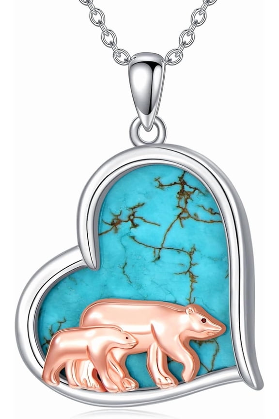 Turquoise Mama Bear Necklace for Mom 925 Sterling Silver Genuine Turquoise Gemstone Mommy Bear Pendant Jewelry Gifts for Mother Women