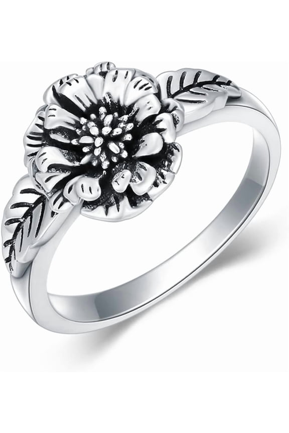 Vintage Birthday Flower Rings for Women 925 Sterling Silver Birth Flower Jewelry Gifts for Mom Wife