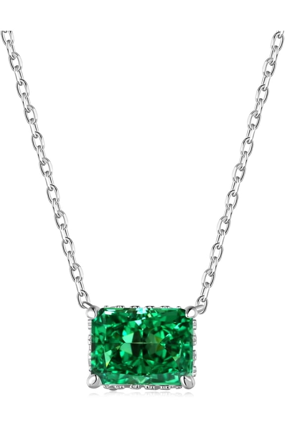 Women's Emerald Necklace 18K White Gold Plated Silver Ice Green Jade Pendant Necklace, May Birthstone 40.64 + 5.08cm, Standard Sterling Silver, Synthetic Emerald