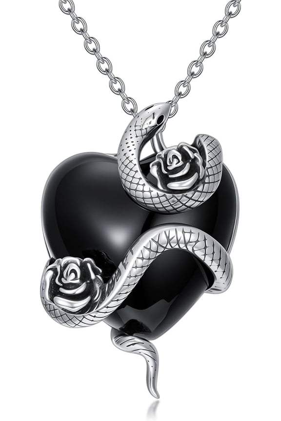 Women's Natural Black Agate Snake Necklace 925 Sterling Silver Rose Heart-Shaped Snake Pendant Animal Snake Charm Gothic Jewelry Gift for Mom or Wife