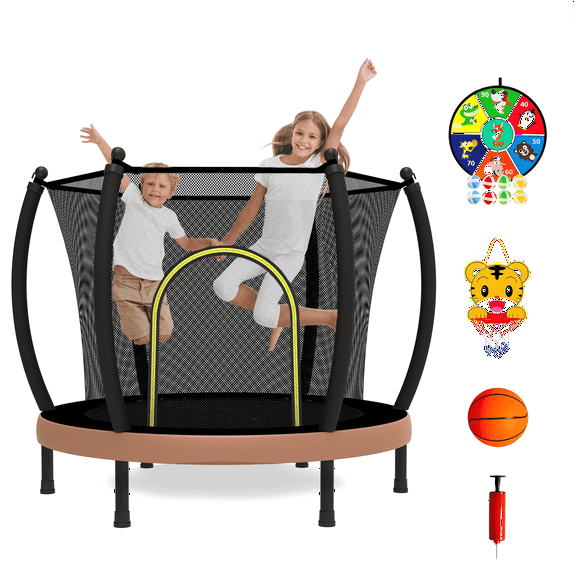 DVH 60'' Kids Trampoline with Safety Enclosure Net - Includes Dart Board, Sticky Balls, Basketball, Pump - Indoor/Outdoor Trampoline for Toddlers & Children