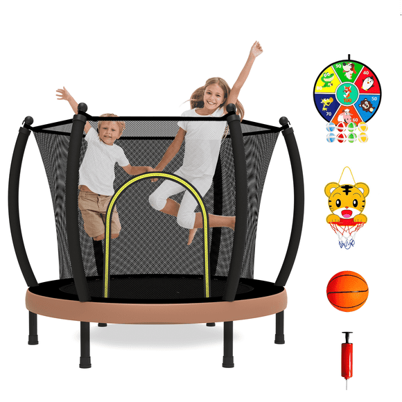 DVH 60'' Kids Trampoline with Safety Enclosure Net - Includes Dart Board, Sticky Balls, Basketball, Pump - Indoor/Outdoor Trampoline for Toddlers & Children
