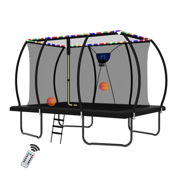 DVH 10x14FT Rectangle Trampoline for Kids and Adults, Large Outdoor Rectangular with Basketball Hoop and LED Light with Enclosure Net