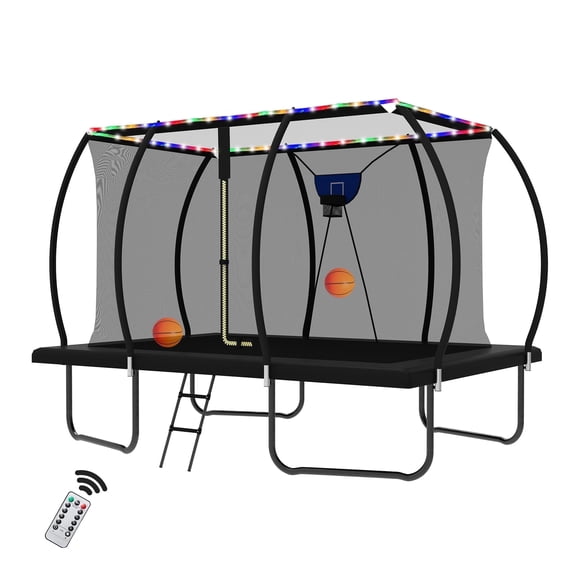 DVH 8x12FT 10x14FT Rectangle Trampoline for Kids and Adults, Big Outdoor Rectangular with Basketball Hoop and LED Light, Large Square Trampoline with Enclosure Net