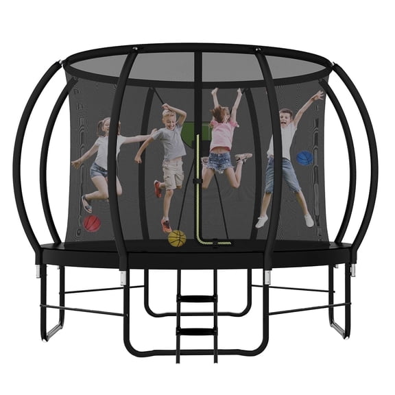 DVH Outdoor Trampoline 12FT with Enclosure and Ladder, Recreational Trampoline with Basketball Hoop Set