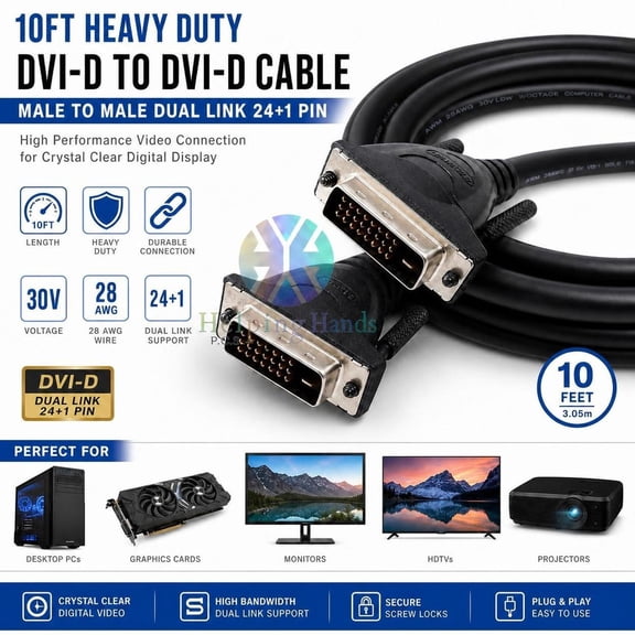 DVI-D to DVI-D Cable Male/Male Dual Link 24+1 Pin PC HDTV Monitor Display Cord