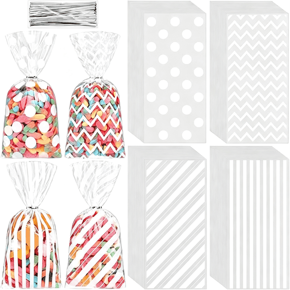 DVJOY 100 Pieces 10.6 x 5.1 In Silver Cellophane Bags Plastic Candy Gift Bags Cellophane Bag with Twist Ties Stripes Polka Dot Printed Pattern Goodie Bag for Birthday Weddings Party Favors