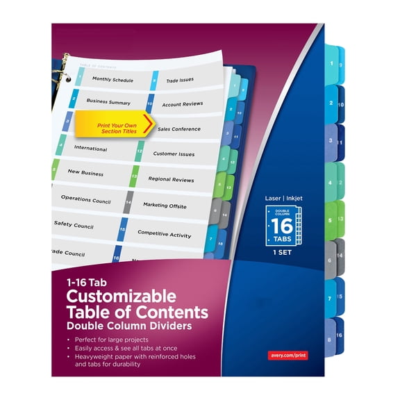 DVJOY Double Column Dividers, 16 Tabs, Ready Index tabbed dividers for 3 ring binder (11320)