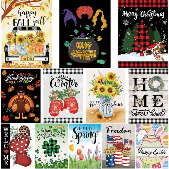 DVJOY Seasonal Garden Flags Set of 12 Double Sided 12X18 Inch Yard,Fall Garden Flag with Pumpkin and Maple Leaf Design, Weather Resistant Fall Decor for Yard Patio Lawn