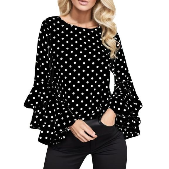 DVKOVI Bell Blouse Casual Ruffled Long Sleeve Ladies Fashion Dot Polka Loose Tops Shirt Women's Round Neck Blouse Black White