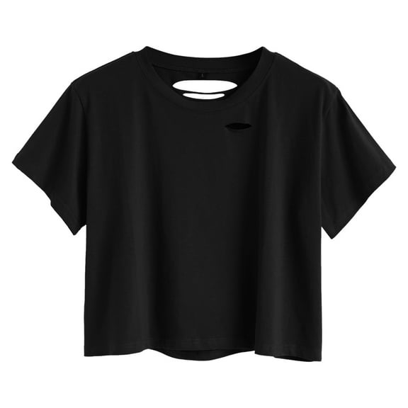 DVKOVI Blouses for Women Short Sleeve Shirt Women Women Summer Solid Short Sleeve Tee Distressed Ripped T Shirt Crop Tops Black L