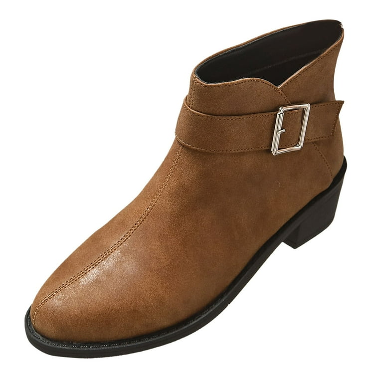 Dvkovi Botas para Mujer Botines Vaqueros para Mujer New Buckle Leather Boots with Round Toe Square Heel and Back Zipper Ankle Boots with Low Heel