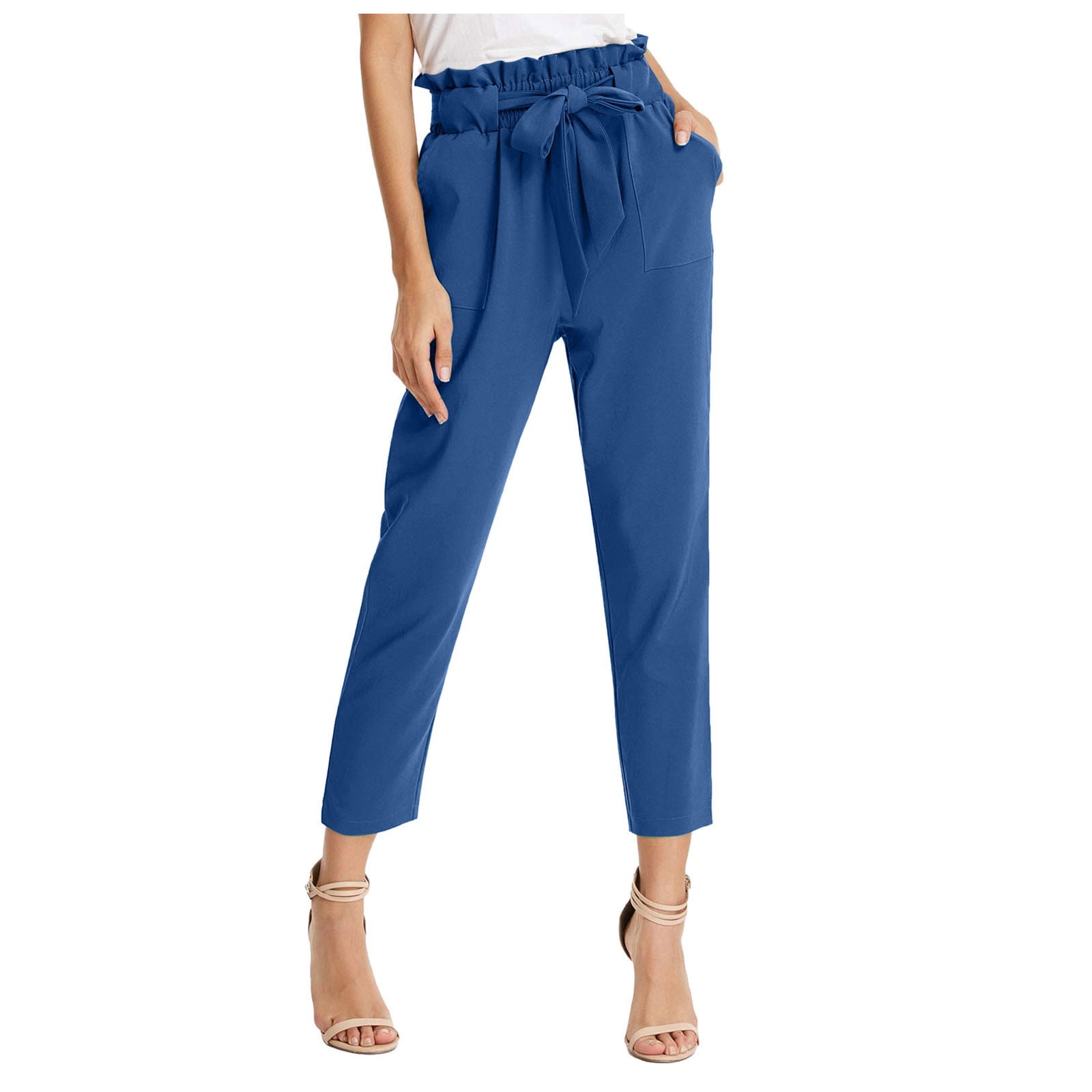 DVKOVI Business Casual Outfits for Women Women s Casual Cropped Pants Solid High Waist Self Tie Belted Pencil Trouser with Pockets Blue XXL