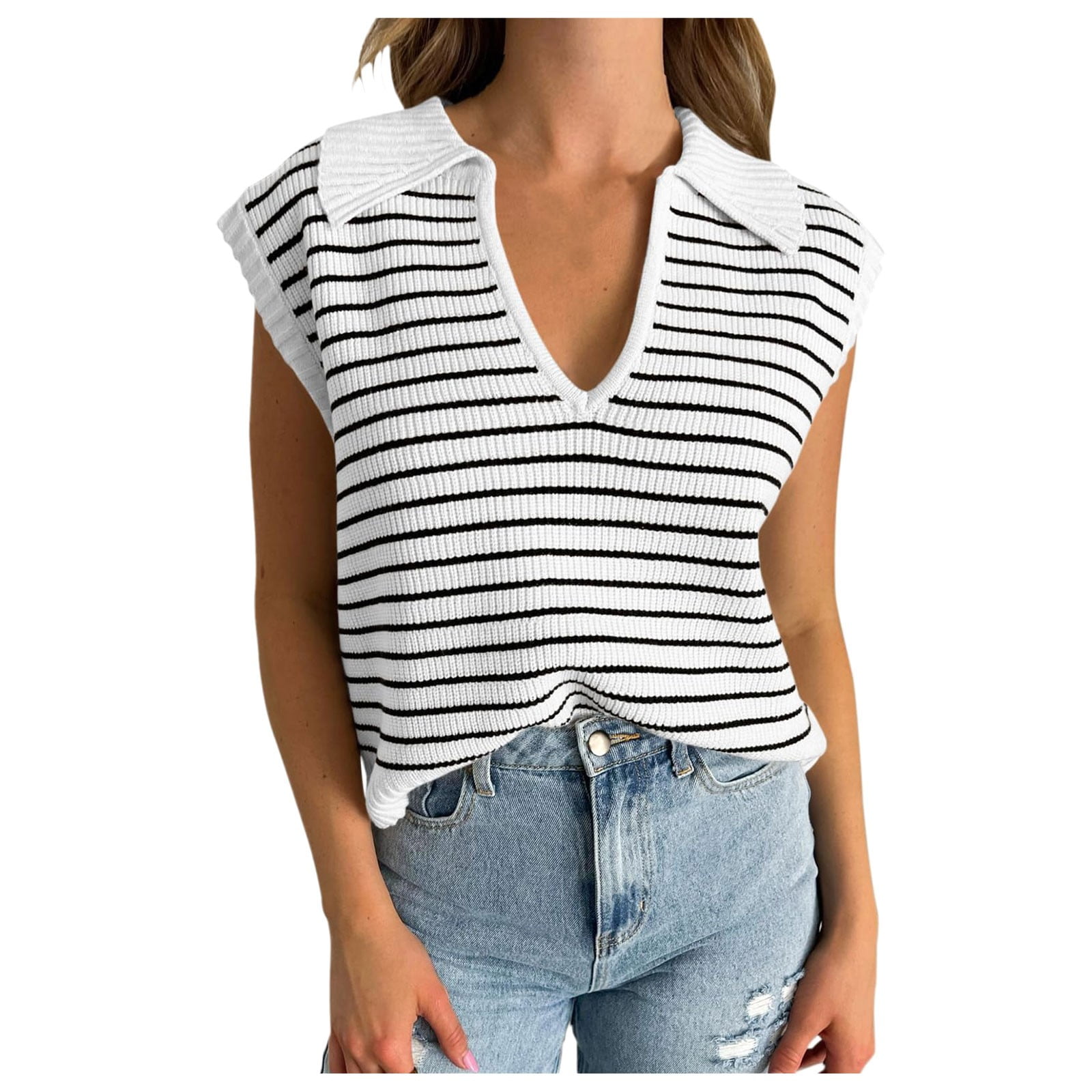 DVKOVI Camisole Summer Striped Sweaters for Women V Neck Cap Sleeve