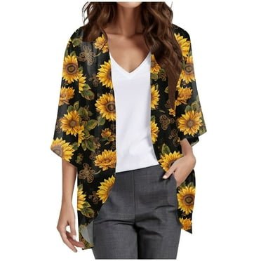 DVKOVI Cardigan for Women 3/4 Sleeve Blouses Womens Elegant Puff Sleeve Chiffon Cardigan Loose Cover Up Casual Blouse Tops Yellow XL