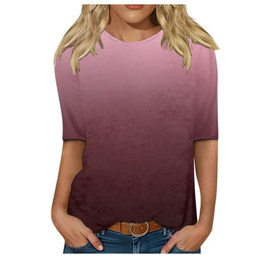 DVKOVI Cotton Tops for Women Short Sleeve Work Tops for Women Women Gradient Tops Round Neck Mid Sleeve Comfortable Print Blouse T Shirts XL