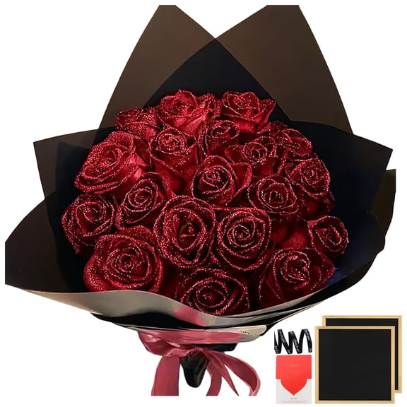 DVKOVI DIY Glitter Roses Bouquet Kit Artificial Rose Fall Everlasting Flowers Fake Shiny Bouquets Wedding Gifts Red