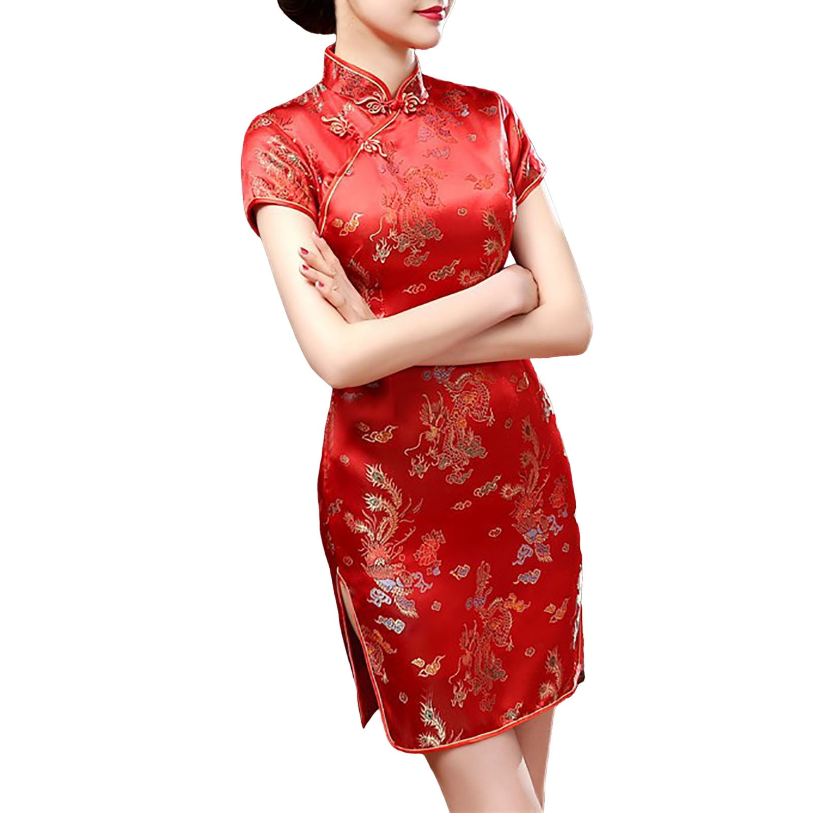 open lace back dress Floral Applique Brocade Mermaid Chinese Prom Dress with Sequins Tassels Red / L
