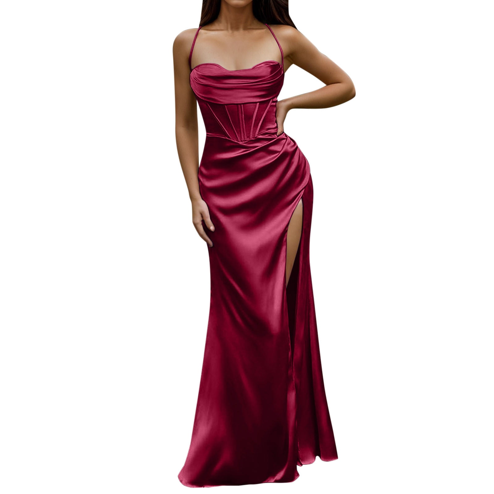 DVKOVI Formal Dresses for Women Formal Long Dress Women Sexy Corset Maxi Dress Silky Strap Push Up Fishbone Ruched Evening Party Long Dresses Pink S