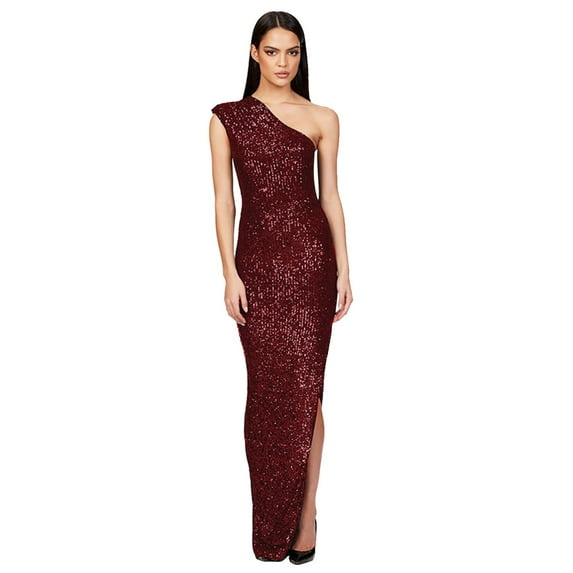 DVKOVI Gowns and Evening Dresses Maxi Dress Formal Women's Sleeveless One Shoulder Sequin Dress Slit Slim Long Dress Red M