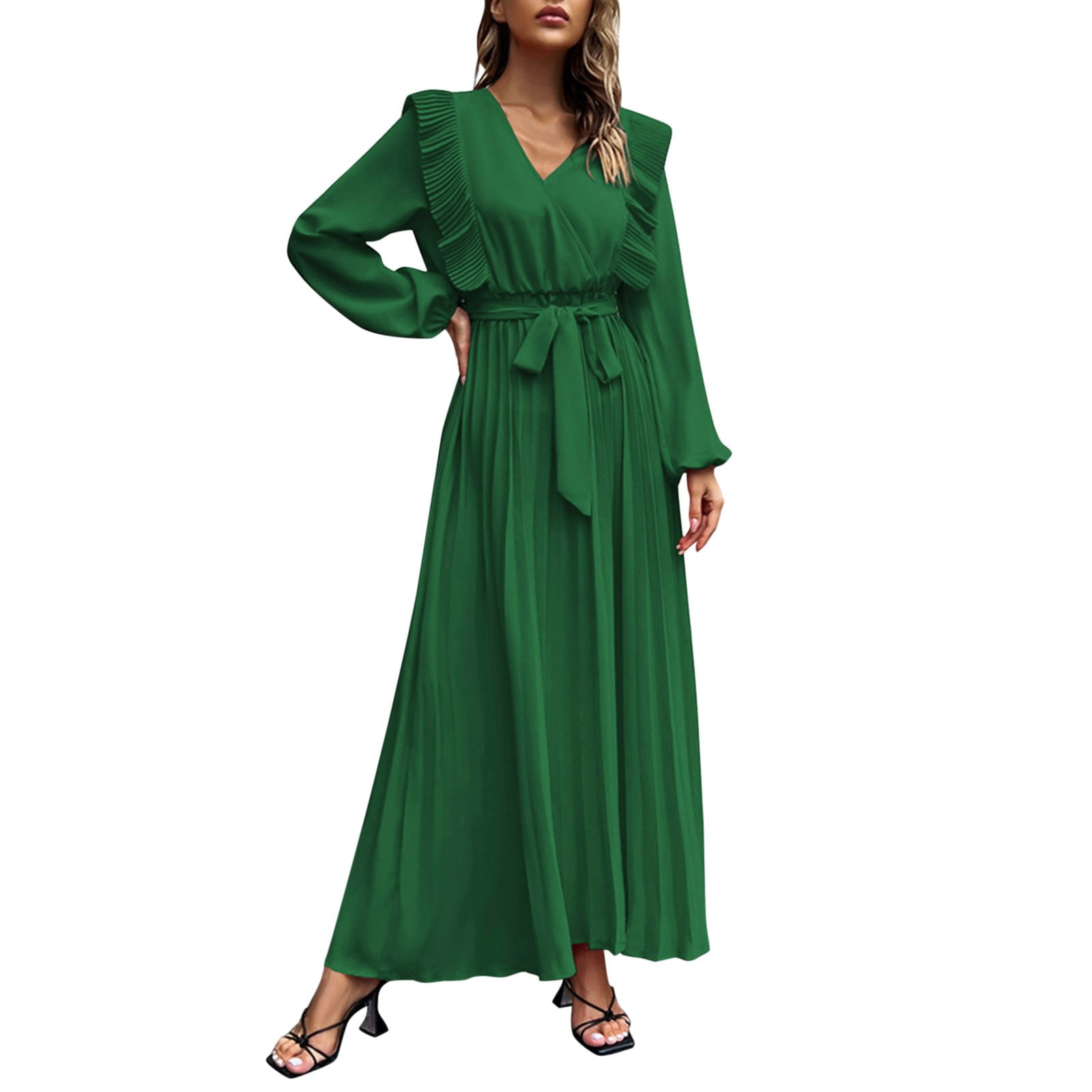 DVKOVI Ladies Elegant Pleated Skirt Solid Color Long Sleeve Dress V