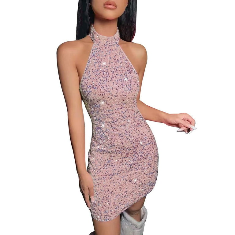 DVKOVI Ladies Glitter Halter Backless Sleeveless Ruched Sequin Bodycon Dress Wrap Mini Dress for Club Party Evening Walmart