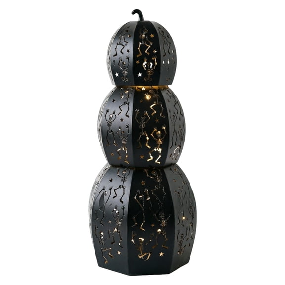 DVKOVI Light Up Stacked Halloween Pumpkins with Skeleton Star Cutouts Warm LED Glow Decorative Pumpkin Lantern