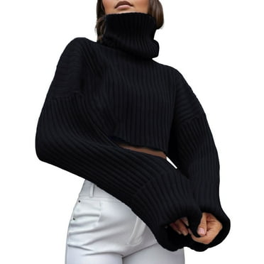 DVKOVI Light Weight Sweaters for Women Casual Women's Autumn and Winter Turtleneck Wool Knitted Long Sleeves Solid Color Short Sweater Women Black M