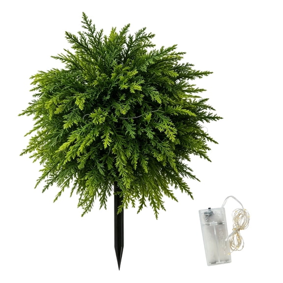 DVKOVI Lighted Artificial Cedar Topiary Ball Tree Faux Greenery Plant with Warm LED Lights Garden Yard Stake Decor