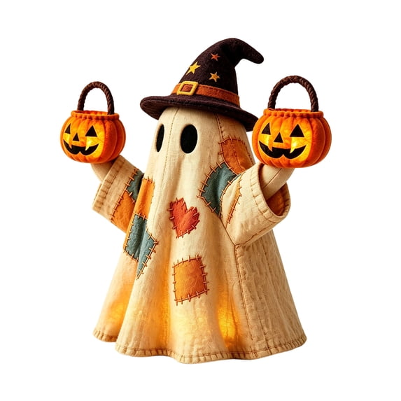 DVKOVI Lighted Vintage Patchwork Ghost Rustic Fall Figurine Halloween Decorations Light up Ghosts with Pumpkin Lantern
