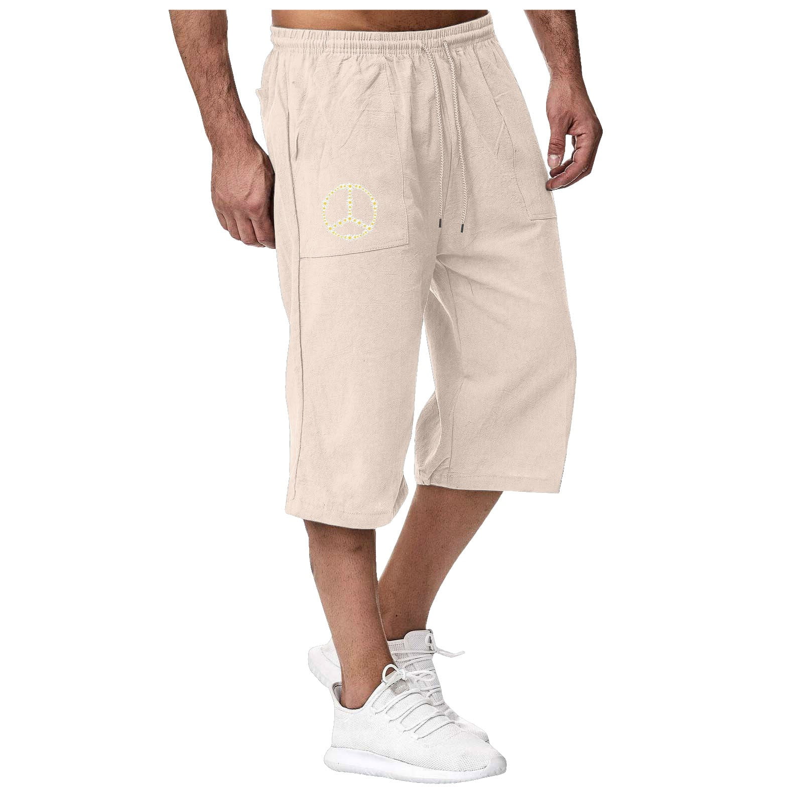 Mens Cotton Linen Shorts Summer Casual Drawstring Loose Chino Short Pants S-2XL