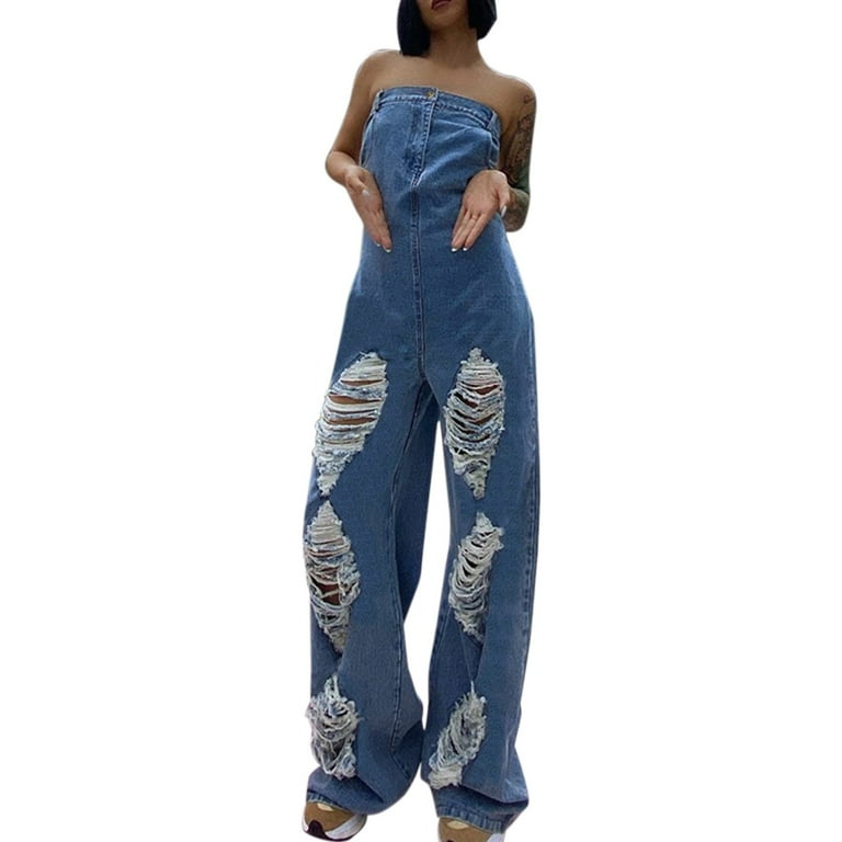 DVKOVI Plus Size Jumpsuits for Women Womens Casual Trend Classic Vintage Denim Long Pants Jumpsuit Strapless Sleeveless Top Long Romper Street Style