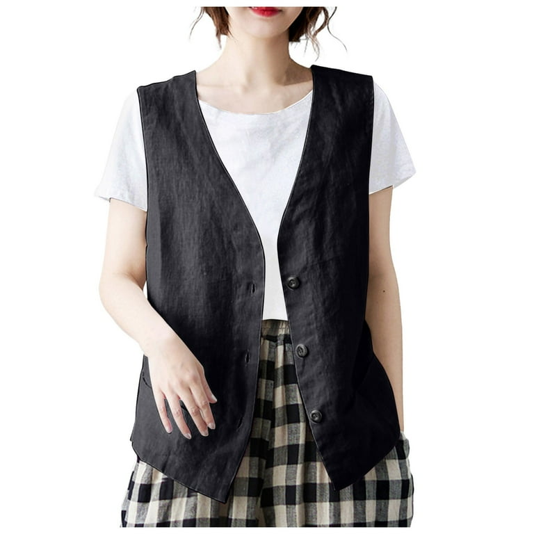 DVKOVI Sexy Going Out Tops Women s Vintage Solid Color Vest Loose and Sleeveless Casual Button Down Vest Black M