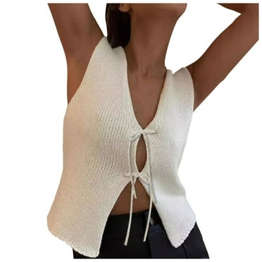 DVKOVI Sweater Cardigan Women Top Women Crochet Knit Vest Tie Up Open Front Sweater Vest Casual Summer Versatile Sleeveless V Neck Tank Crop Tops White L