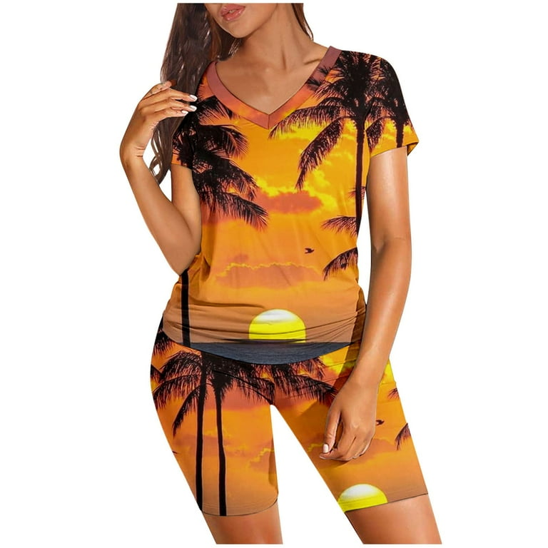 Fashion Print V Neck Short Sleeve Two Pieces(4 colors) Fashion Print V Neck Short Sleeve Two Pieces(4 colors)