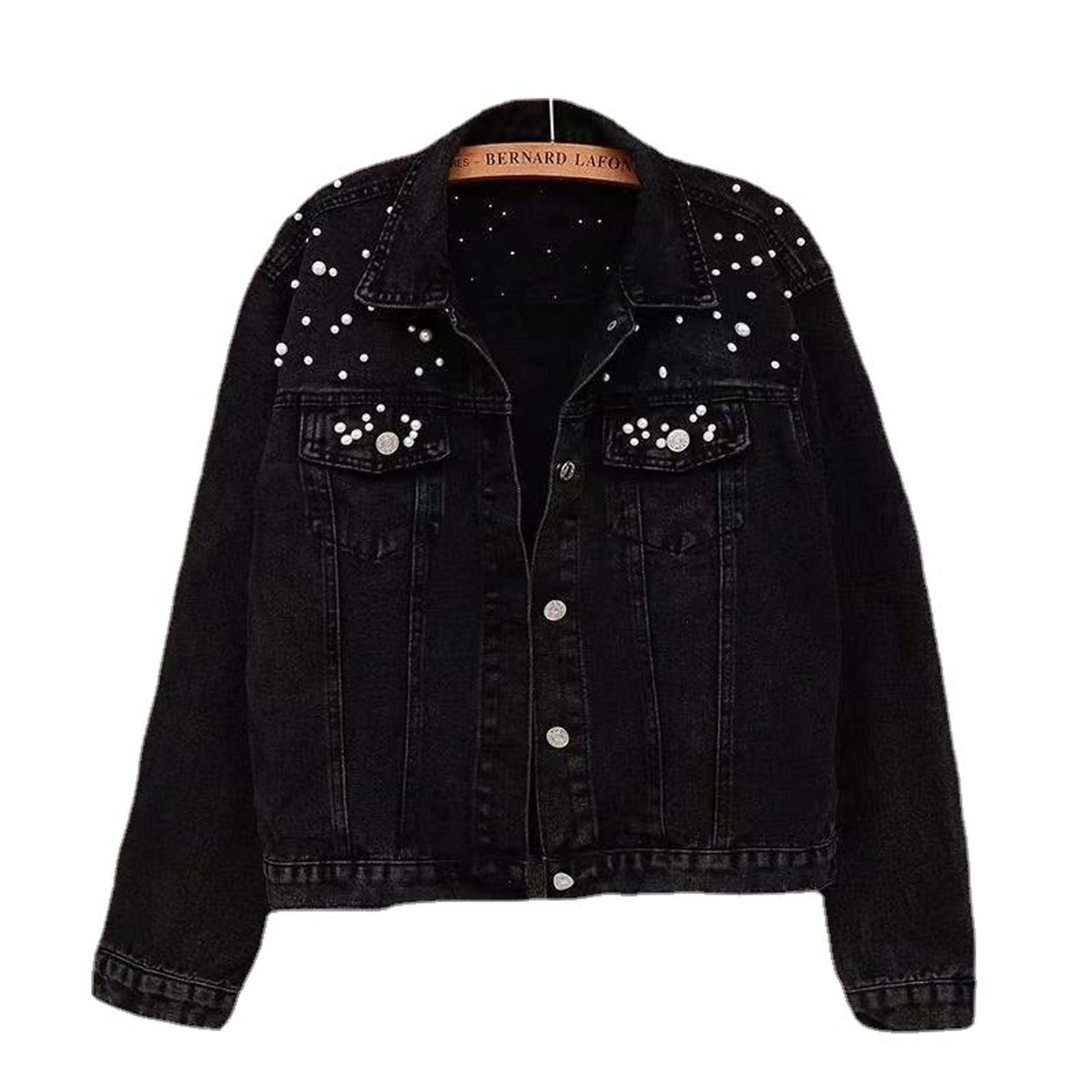 BOOMILK Women Long Pearl Beaded Denim Jacket Ripped Star BOOMILK Women Long Pearl Beaded Denim Jacket Ripped Star