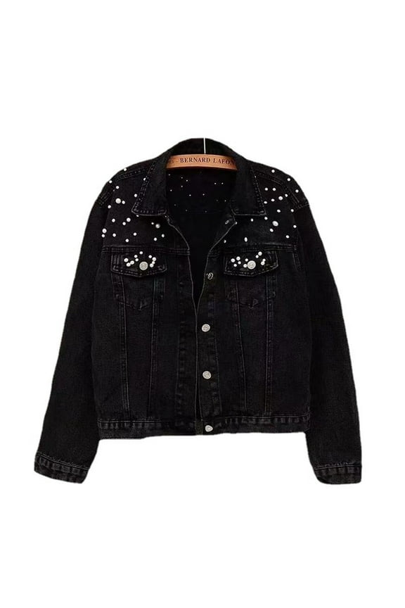 Women Oversized Denim Jacket Embroidered Pearls Beading Jeans Coat Long Sleeve Button Down Coat with Pockets