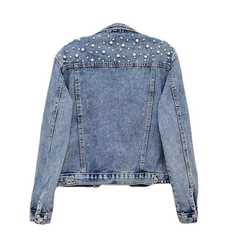 DVKOVI Women Oversized Denim Jacket Embroidered Pearls Beading