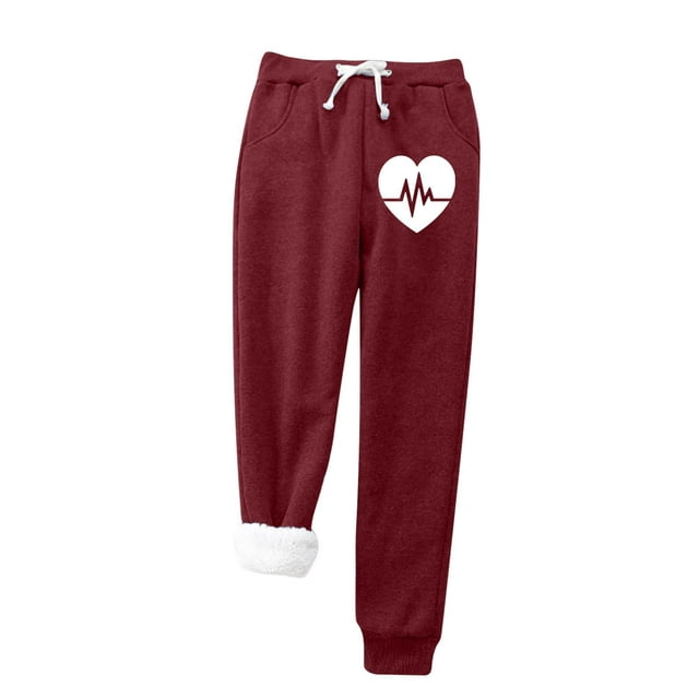 DVKOVI Women Plus Warm Solid Heart Print Velvet Pants with Pockets Keep ...